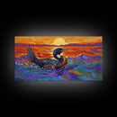 Sunset Loon, Splash, Painting, Framed Canvas Print lakehouse wall art, coastal bathroom decor, vibrant nature print, ocean artwork