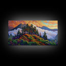 Mountain Trees, Sunset Ridge, Cloudy Peaks, Framed Canvas Print, Nature Inspired Wall Art, Autumn Living Room or Office Decor