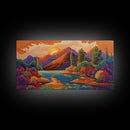 Sunset Lake, Autumn Trees, Mountain Reflections, Framed Canvas Print, Cozy Fall Wall Art, Bedroom Decor, Warm Landscape Painting