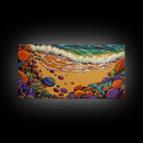 Coastal Shoreline, Footprints, Framed Canvas Print, Coastal beach waves and footprints art with colorful rocks, Bathroom Wall Art