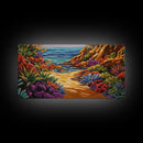 Colorful Beach, Pathway, Painting, Framed Canvas Print vibrant coastal trail wall decor, tropical beach boho art, hallway accent