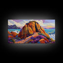 Ocean Cave, Rocky Coast, Lavender Brush, Framed Canvas Print, Bold Nature Wall Art, Vibrant Bedroom or Study Coastal Decor