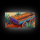 Painted Wagon, Rustic Charm, Color Pop, Framed Canvas Print, Western Farmhouse Wall Art, Vibrant Kitchen Print, Entryway Decor