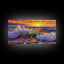 Wave Ocean, Sunset, Surf, Framed Canvas Print, tropical wave wall decor, surf boho art, vibrant beach bathroom or office wall art