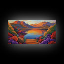 Lake Sunset, Desert, Mountains, Framed Canvas Print, colorful landscape wall decor, boho living room art, nature lovers gift