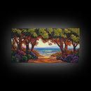 Beach Trees, Tunnel, Ocean, Sunset beach tunnel view, Framed Canvas Print, Coastal Boho Decor, Romantic Seaside Wall Art