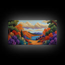 Autumn Lake, Path, Framed Canvas Print, Vibrant Fall forest trail leading to lake painting, Cozy Cabin Decor, Autumn Entryway Art