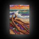Driftwood Waves, Beach, Sunset, Framed Canvas Print, Coastal stormy beach scene, textured seascape painting, Nautical Bathroom Wall Art