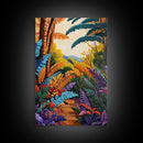 Tropical Jungle, Foliage, Path, Framed Canvas Print, Vibrant Botanical Wall Art, Boho Living Room Decor, Colorful Nature Painting