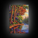 Forest Reflection, Autumn, Tranquil, Framed Canvas Print, peaceful forest reflection painting, Fall canvas wall art, nature living room decor