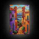 Bridge Street, Sunset, Framed Canvas Print, Colorful Cityscape Wall Art, Vibrant Urban Decor, Boho Architecture Print, Hallway Wall Art