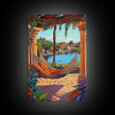 Hammock Patio, Relax, Lake, Framed Canvas Print, bohemian outdoor decor, tropical vacation art, summer patio vibe, living room wall art