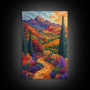 Colorful Mountain, Pathway, Autumn, Framed Canvas Print, Vibrant Fall Landscape Art, Boho Living Room Decor, Nature Wall Painting