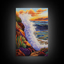 Wave Splash, Cliffside, Sunset, Framed Canvas Print, Bold Ocean Wall Art, Coastal Living Room Decor, Vibrant Beach Seascape Painting