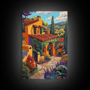 Spanish Villa, Rustic Path, Mediterranean Home Decor, Framed Canvas Print, Warm Color Art, Living Room Wall Art, Autumn Architecture Style