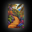 Tropical Trail, Jungle Pathway, Bright Nature Scene, Canvas Print, Boho Living Room Wall Art, Exotic Garden Decor, Colorful Tropical Painting