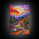 Rainbow Over Mountains, Sunset Pine Forest, Vibrant Landscape, Framed Canvas Print, Kids Room Art, Uplifting Boho Style Wall Decor