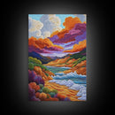 Dramatic Sky, Ocean Hills, Coastal Magic, Colorful Clouds, Framed Canvas Print, living room coastal decor, vibrant nature art, boho fall