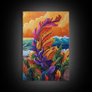 Feather Leaves, Ocean Vibe, Sunset Garden, Fall Colors, Framed Canvas Print, botanical wave art, autumn leaf decor, coastal plant painting