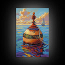 Buoy Ocean Sailboat Painting, Framed Canvas Print, Nautical boho decor, beach home wall art, coastal sunset colors, lakehouse vibe