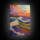 Colorful Ocean Waves, Sunset Surf Art, Rainbow Water Scene, Framed Canvas Print, Coastal Wall Decor, Vibrant Bathroom Art