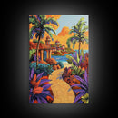 Coastal Village Path, Sunset Vibes, Tropical Getaway, Bright Colors, Framed Canvas Print, Coastal Wall Art, Living Room Decor, Boho Art