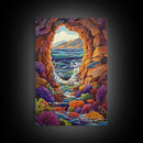 Ocean Cave Window, Underwater Scene, Marine Life, Coral Reef, Framed Canvas Print, Bathroom Wall Art, Coastal Decor, Nautical Art