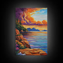 Sunset Shore, Tranquil, Mountains, Framed Canvas Print scenic mountain coast, sunset wall art, calming nature art, bohemian living room decor