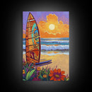 Surfboard Sunset, Ocean View, Floral Beach, Boho Style, Framed Canvas Print, beach lover gift, tropical home decor, coastal living wall art