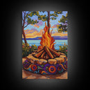 Firepit Sunset, Lake, Campfire, Framed Canvas Print lakeside bonfire painting, cozy outdoor scene, Fall cottage decor, family room wall art