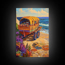 Wagon Ocean, Boho, Beach Scene With Hat Art, Framed Canvas Print, Eclectic Living Room Wall Art, Summer Coastal Decor, Vibrant Colors