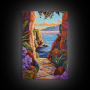 Pathway Ocean, Archway, Colorful Coastal View, Framed Canvas Print, Bohemian Hallway Art, Tropical Escape Decor, Vibrant Travel Scene