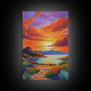 Sunset, Desert, Lake, Landscape, Framed Canvas Print, Vibrant sunset over desert lake with bold skies, perfect Southwest living room wall art
