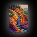 Forest Stream, Autumn, Nature, Framed Canvas Print, Colorful autumn forest creek scene, nature-inspired living room, fall rustic wall art