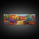 Desert Garden, Adobe Home, Cactus Pathway, Colorful Southwest, Framed Canvas Print, Kitchen Wall Art, Boho Western Decor, Vibrant Desert Scene