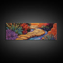 Garden Pathway, Floral Stream Art, Bold Colors, Succulent Garden Style, Framed Canvas Print, Kitchen or Hallway Wall Art