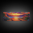Rocky Sunset, Tranquil Cove, Mountain Glow, Ocean Calm, Framed Canvas Print, vivid sunset art, nature escape, living room decor