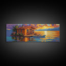 Floating Home, Lake Sunset, Tranquil Retreat, Framed Canvas Print, peaceful wall art, waterfront decor, lakehouse artwork