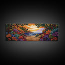 Beach View, Sunset Flowers, Coastal Path, Summer Decor, Framed Canvas Print, Bedroom Wall Art, Bright Floral Landscape Art