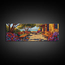 Garden Patio, Seaside Escape, Bright Cottage, Floral Path, Framed Canvas Print, Summer Porch Art, Kitchen Courtyard Painting
