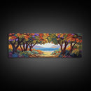 Seaside Trees, Autumn Canopy, Ocean View, Coastal Path, Framed Canvas Print colorful fall wall art, entryway decor, boho nature scene