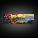 Island Retreat, Ocean View, Palm Trees, Colorful Foliage, Framed Canvas Print, tropical wall art, boho living room accent piece