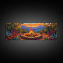 Mountain Campfire Glow, Forest Bonfire Scene, Sunset Wilderness Art, Canvas Print, Autumn Living Room Decor, Rustic Outdoor Vibe