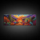 Autumn Bonfire Gathering, Vibrant Landscape, Colorful Fall Forest, Framed Canvas Print, Cabin Decor, Rustic Wall Art, Cozy Fall Art