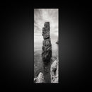 Coastal Rock, Ocean Tower, Nature Photography, Framed Canvas Print, Minimalist Wall Decor, Living Room Wall Art, Black and White Seascape