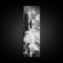 Crashing Surf, Tall Sea Stack, Rugged Coast, Framed Canvas Print, Moody Ocean Wall Art, Bathroom Decor, Black and White Seascape