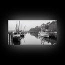 Fishing Boats Docked, Quiet Harbor Scene, Nautical River View, Framed Canvas Print, Kitchen Wall Art, Rustic Coastal Decor, Lodge Wall Art