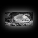 Frozen Ice Cave, Arctic Nature Art, Black and White Winter, Canvas Print, Holiday Wall Art, Nordic Cabin Decor, Winter Aesthetic