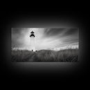 Lighthouse Grass, Seaside Tower, Stormy Sky, Black White, Framed Canvas Print, Beach Bathroom Art, Minimalist Decor, Nautical Print