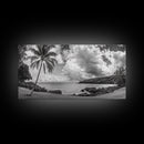 Tropical Coast, Palm Beach, Island View, Cloudy Sky, Framed Canvas Print, Coastal Living Room Art, Beach Wall Decor, Summer Style